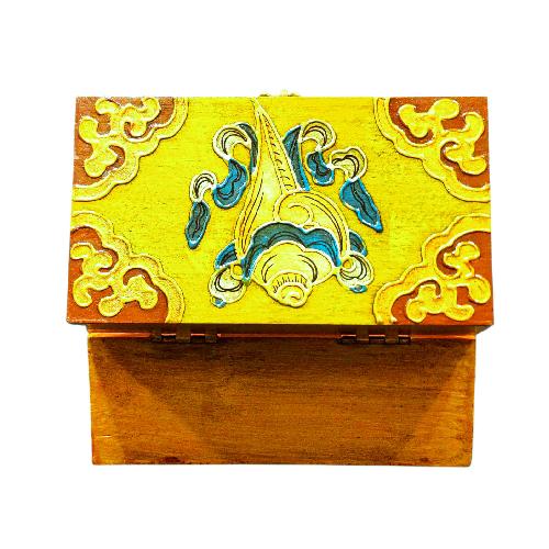 Buddhist Wooden Box With [dharmachakra] Design, Tibetan Style With Traditional Colors