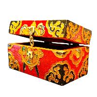 Buddhist Wooden Box With [dharmachakra] Design, Tibetan Style With Traditional Colors
