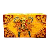Buddhist Wooden Box With [dharmachakra] Design, Tibetan Style With Traditional Colors