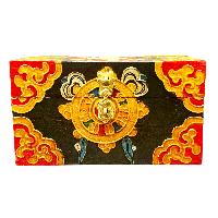 Buddhist Wooden Box With [dharmachakra] Design, Tibetan Style With Traditional Colors