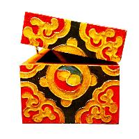 Buddhist Wooden Box With [dharmachakra] Design, Tibetan Style With Traditional Colors