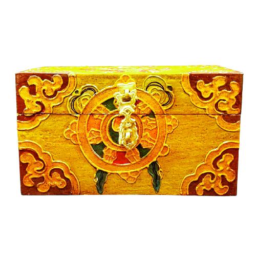 Buddhist Wooden Box With [dharmachakra] Design, Tibetan Style With Traditional Colors