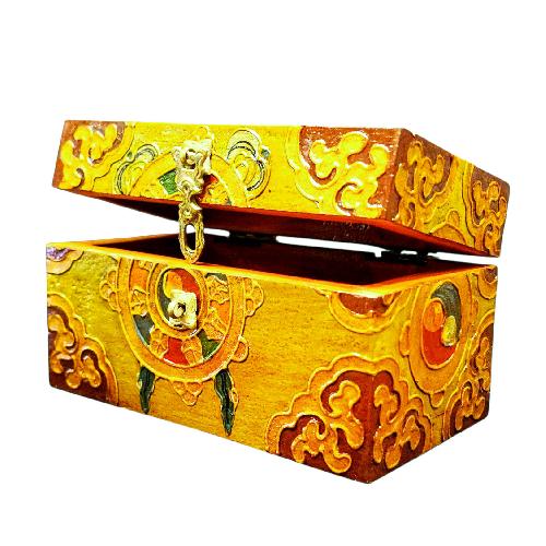 Buddhist Wooden Box With [dharmachakra] Design, Tibetan Style With Traditional Colors