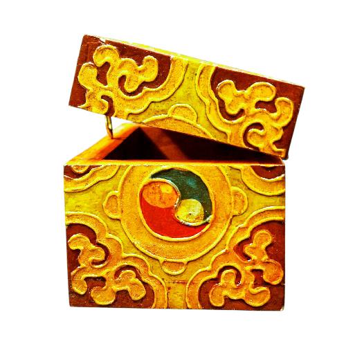Buddhist Wooden Box With [dharmachakra] Design, Tibetan Style With Traditional Colors