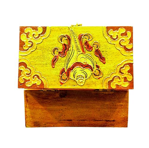 Buddhist Wooden Box With [dharmachakra] Design, Tibetan Style With Traditional Colors