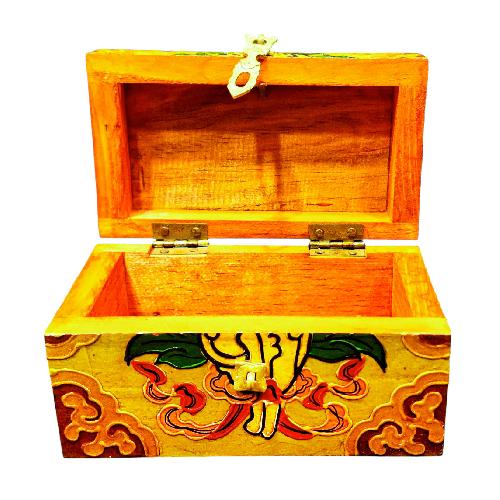 Buddhist Wooden Box With [conch Shell] Design, Tibetan Style With Traditional Colors