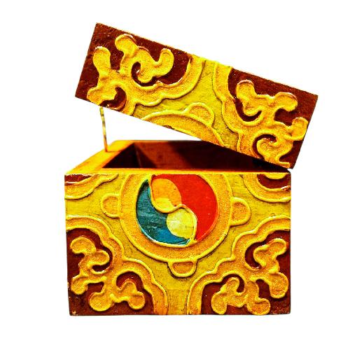 Buddhist Wooden Box With [conch Shell] Design, Tibetan Style With Traditional Colors
