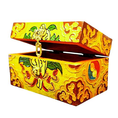 Buddhist Wooden Box With [conch Shell] Design, Tibetan Style With Traditional Colors