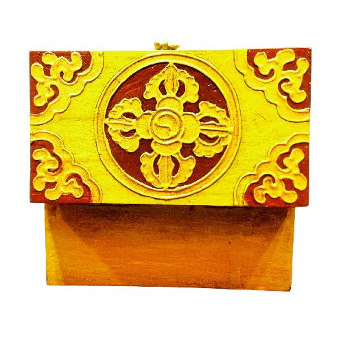 Buddhist Wooden Box With [conch Shell] Design, Tibetan Style With Traditional Colors