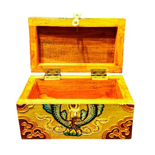 Buddhist Wooden Box With [fish] Design, Tibetan Style With Traditional Colors