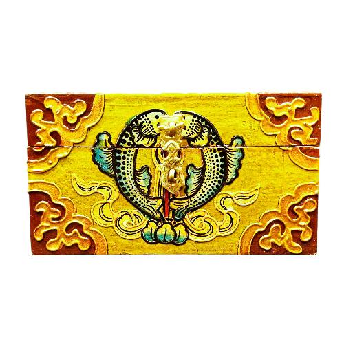 Buddhist Wooden Box With [fish] Design, Tibetan Style With Traditional Colors