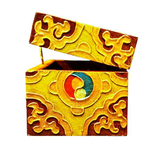 Buddhist Wooden Box With [fish] Design, Tibetan Style With Traditional Colors