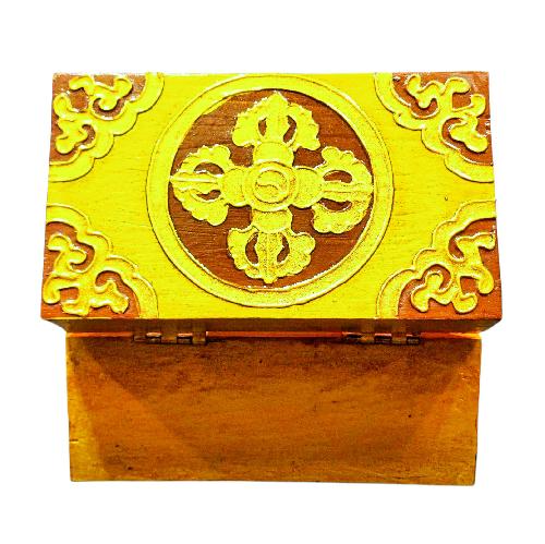 Buddhist Wooden Box With [fish] Design, Tibetan Style With Traditional Colors