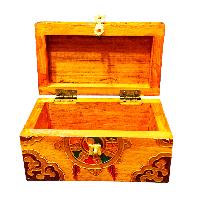 Buddhist Wooden Box With [dharmachakra] Design, Tibetan Style With Traditional Colors