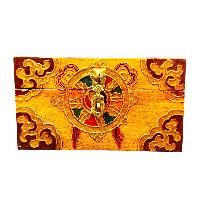 Buddhist Wooden Box With [dharmachakra] Design, Tibetan Style With Traditional Colors