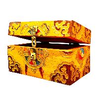 Buddhist Wooden Box With [dharmachakra] Design, Tibetan Style With Traditional Colors