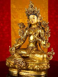 [green Tara], Buddhist Statue, [full Gold Plated], [face Painted]