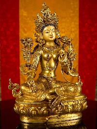 [green Tara], Buddhist Statue, [full Gold Plated], [face Painted]