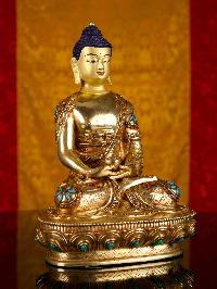 [amitabha Buddha], Buddhist Handmade Statue, [full Gold Plated], [stone Setting], [face Painted]