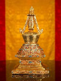 [stupa] (chiva), Buddhist Handmade Statue, [full Gold Plated], [stone Setting]