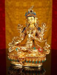 [green Tara], Buddhist Handmade Statue, [full Gold Plated], [stone Setting], [face Painted]