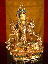[green Tara], Buddhist Handmade Statue, [full Gold Plated], [stone Setting], [face Painted]