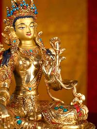 [green Tara], Buddhist Handmade Statue, [full Gold Plated], [stone Setting], [face Painted]