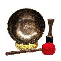 [full Moon Bowl], Moon Carved, Buddhist Hand Beaten Singing Bowl, Antique Finishing, [select Accessories]