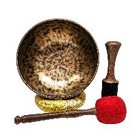 [full Moon Bowl], Moon Carved, Buddhist Hand Beaten Singing Bowl, Antique Finishing, [select Accessories]