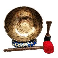 [full Moon Bowl], Moon Carved, Buddhist Hand Beaten Singing Bowl, Antique Finishing, [select Accessories]