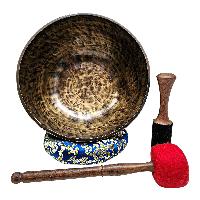[full Moon Bowl], Moon Carved, Buddhist Hand Beaten Singing Bowl, Antique Finishing, [select Accessories]