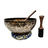 [full Moon Bowl], Moon Carved, Buddhist Hand Beaten Singing Bowl, Antique Finishing, [select Accessories]