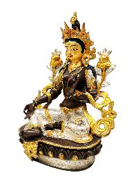 [green Tara], Buddhist Handmade Statue, [chocolate And Silver Oxidized With Extra Gold Plated], [stone Setting], [face Painted]
