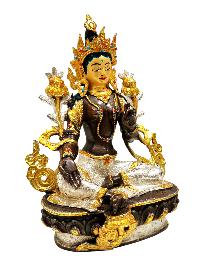 [green Tara], Buddhist Handmade Statue, [chocolate And Silver Oxidized With Extra Gold Plated], [stone Setting], [face Painted]