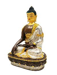 [shakyamuni Buddha], Buddhist Handmade Statue, [chocolate And Silver Oxidized With Extra Gold Plated], [face Painted]
