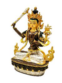 [manjushri] Or [manjushree], Buddhist Handmade Statue, [chocolate And Silver Oxidized With Extra Gold Plated], [stone Setting], [face Painted]