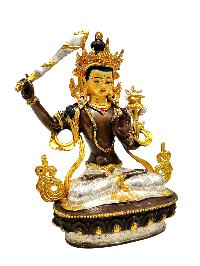 [manjushri] Or [manjushree], Buddhist Handmade Statue, [chocolate And Silver Oxidized With Extra Gold Plated], [stone Setting], [face Painted]