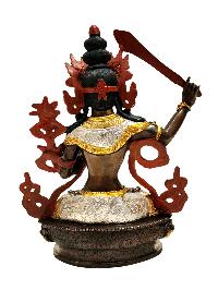 [manjushri] Or [manjushree], Buddhist Handmade Statue, [chocolate And Silver Oxidized With Extra Gold Plated], [stone Setting], [face Painted]