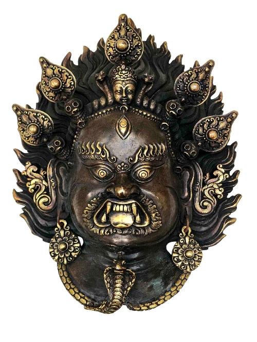 This 33cm tall Bhairav, Buddhist Handmade Ritual Metal Mask, Antique Finishing (Product Code: HMS36878) weighs 2.15kg and is available at an offer price of US$370.