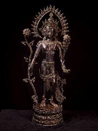 [padmapani Lokeshvara], Buddhist Handmade Statue, [chocolate Oxiidzed], [stone Setting]