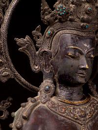 [padmapani Lokeshvara], Buddhist Handmade Statue, [chocolate Oxiidzed], [stone Setting]