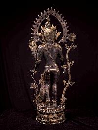 [padmapani Lokeshvara], Buddhist Handmade Statue, [chocolate Oxiidzed], [stone Setting]