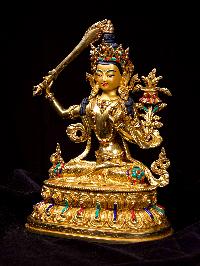 [manjushi Or Manjushree], Buddhist Handmade Statue, [full Gold Plated], [stone Setting], [face Painted]
