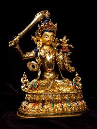 [manjushi Or Manjushree], Buddhist Handmade Statue, [full Gold Plated], [stone Setting], [face Painted]
