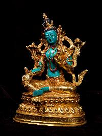 [green Tara], Buddhist Handmade Statue, [full Gold Plated], [stone Setting], [face Painted]