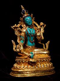 [green Tara], Buddhist Handmade Statue, [full Gold Plated], [stone Setting], [face Painted]
