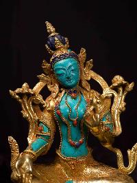 [green Tara], Buddhist Handmade Statue, [full Gold Plated], [stone Setting], [face Painted]