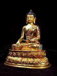[shakyamuni Buddha], Buddhist Handmade Statue, [full Gold Plated], [stone Setting], [face Painted]