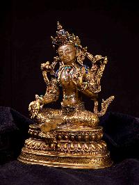 [green Tara], Buddhist Handmade Statue, [full Gold Plated], [stone Setting], [thangka Color Finishing]