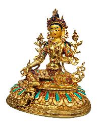 [green Tara], Buddhist Handmade Statue, [full Gold Plated], [stone Setting], [face Painted]
